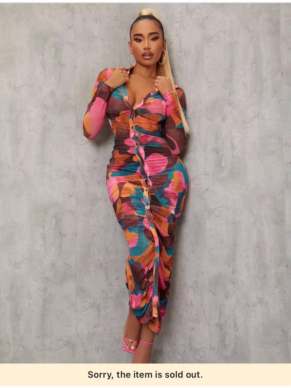 SEXY Long Sleeve sz L Abstract Print Button-Front collared sheer Maxi Dress